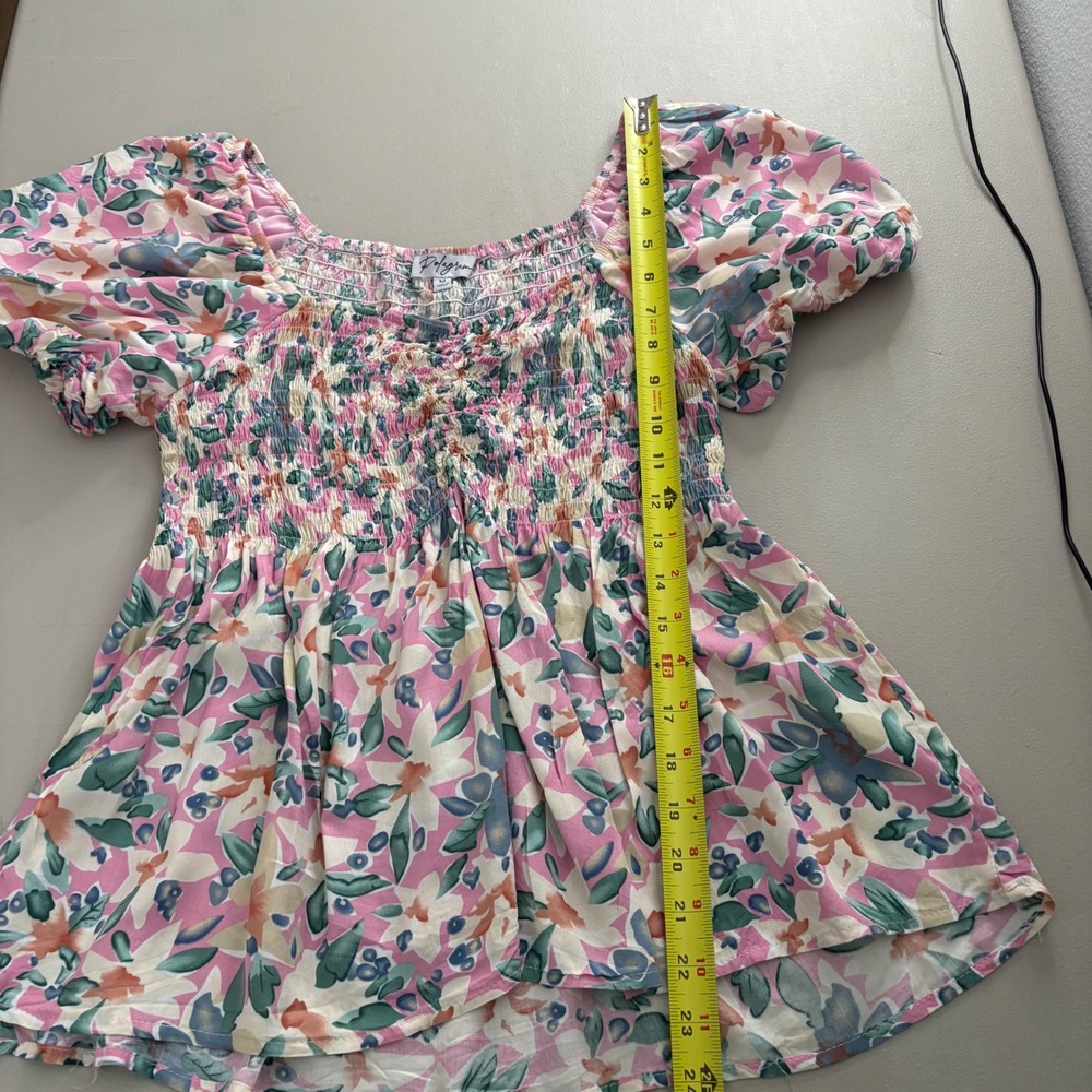 Polagram Floral Smocked Puff Sleeve Women's Top Pink Green Medium Summer - Picture 6 of 10
